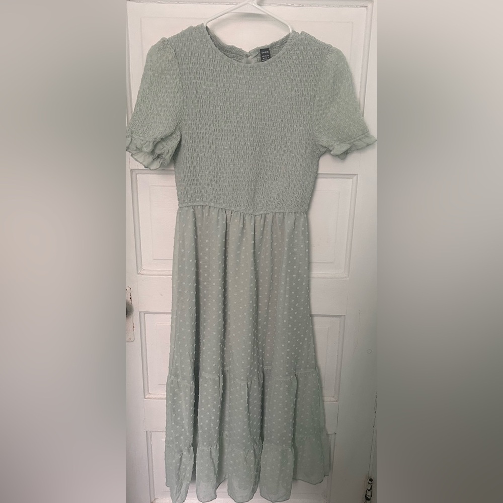 SHEIN Green Pleated Puff Sleeve Sundress